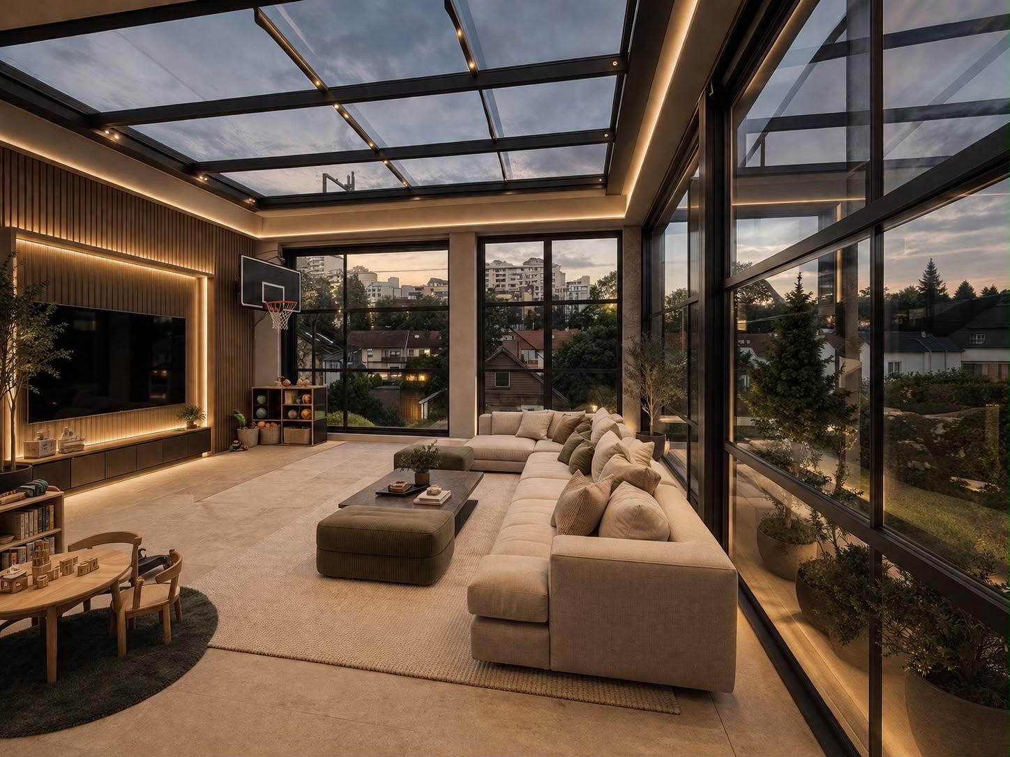 Wohnbereich unter einem Glasdach mit indirekter Beleuchtung und Lounge-Sofa