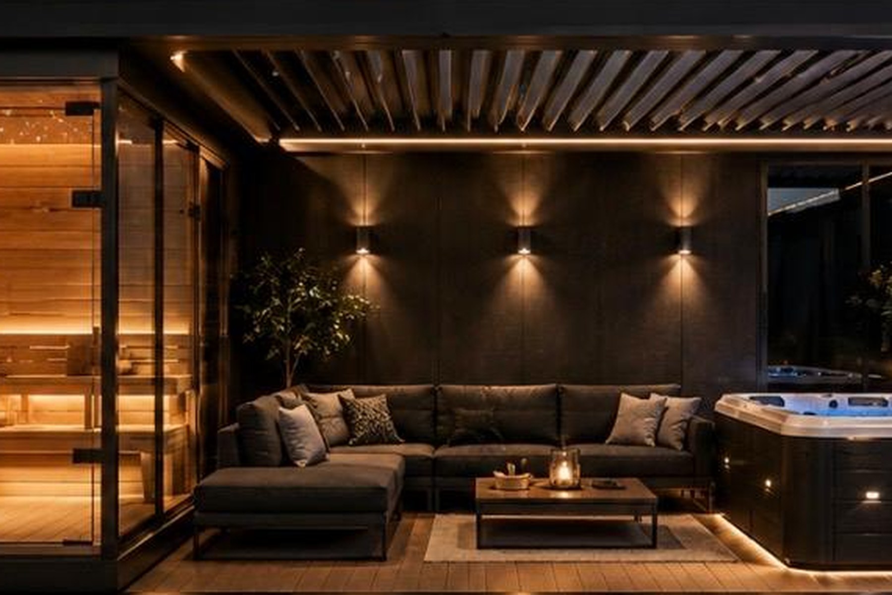 Innenraum des LONI SUN SPA CUBE mit Lounge, Whirlpool und warmer indirekter Beleuchtung